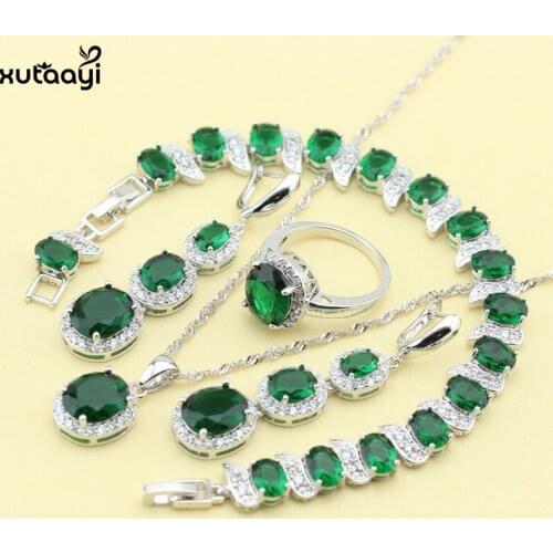 XUTAAYI Sterling Silver Overlay Jewelry Sets Green created Emerald Superb Necklace Rings Earrings/Bracelet For women Free Gift