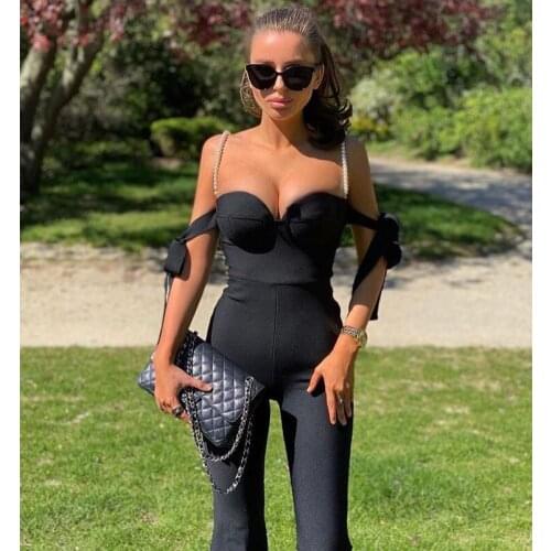 New Arrival Sexy Sleeveless Pearl Black White Women Bodycon Bandage Jumpsuit 2021 Celebrity Designer Fashion Chic Ladies Rompers