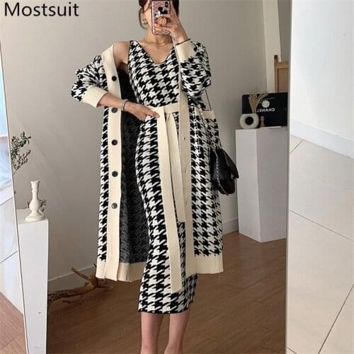 Houndstooth Knitted Two Piece Set Outfits Women Single-breasted Cardigan + Sleelevess Dress Korean Vintage Female Matching Set