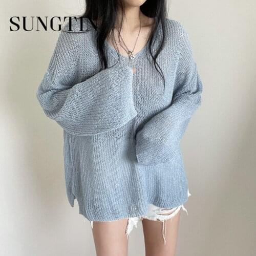 Sungtin Sweater Knitted Pullovers women thin knit oversized v neck pink sweater Casual Korean chic Solid 2021 loose Jumpers