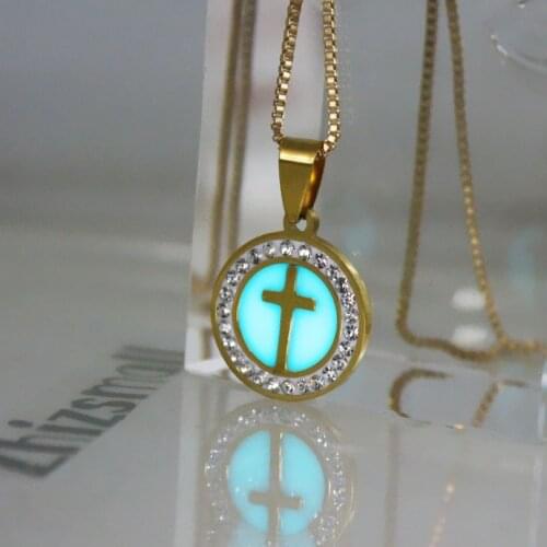 Stainless steel cross Glowing necklace women girl Pendants Necklaces GLOW in the DARK amulet gift Rhinestone