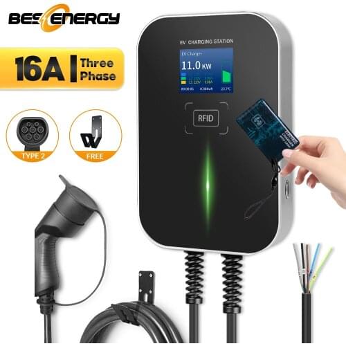 16A 3Phase Wallbox With RFID EV Charger Wallmount Electric Vehicle Charging Station EVSE Charger T2 Cable IEC 62196 Free Holder