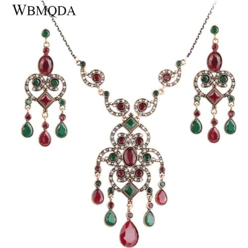 2 Pcs/lot High Quality Turkish Bridal Jewelry Sets Antique Gold Color Crystal Pendant Tassel Earrings Necklace For Women