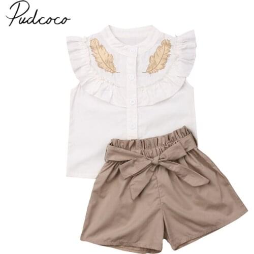 2019 Baby Summer Clothing Toddler Kid Baby Girl Sleeveless Feather Print Tops Sash Short Pants Outfit Set Ruffles Outfits 1-6Y