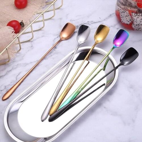 6 Pcs 304 stainless steel mixing spoon Creative Square head ice spoon shovel head spoon coffee long handle small scoop