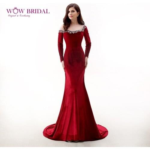 Wowbridal Graceful Velvet Evening Dress 2021 Boat Neck Sheer One-Shoulder Crystal Beaded Velour Ruched Mermaid Formal Event Gown