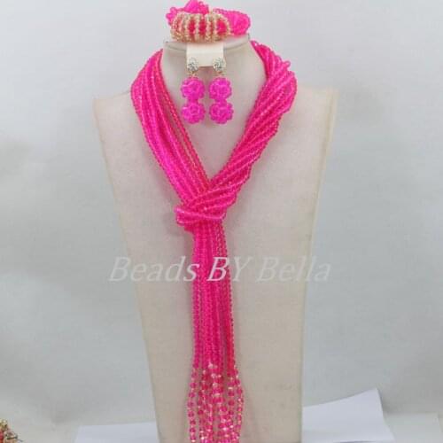 Fuchsia Crystal Bridal Lace Jewlery African Beads Jewelry Set Nigerian Wedding Beads Statement Necklace Free Shipping ABF500