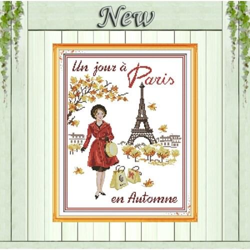 Paris in the autumn Scenery painting girl,Counted print on canvas DMC 14CT 11CT DIY Cross Stitch Needlework kits Embroidery Sets