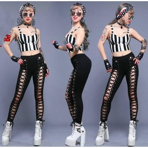 Jazz Dance Costume Nightclub Dj Ds Dancer Pole Dancewear Sexy Striped Suspenders Tops Openwork Strappy Pants Rave Outfit DT1050