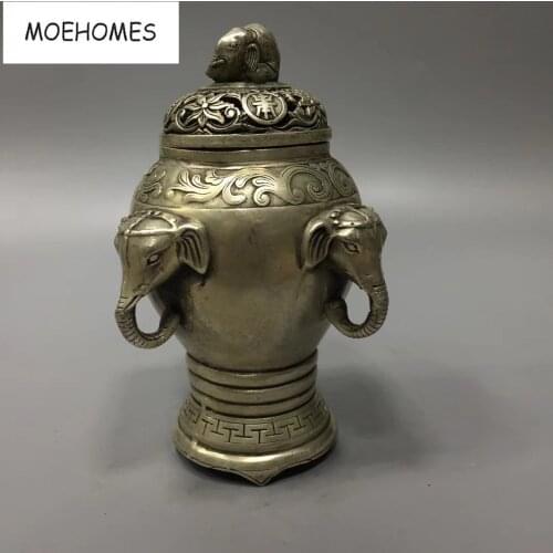 MOEHOMES 6"Decorated antique Tibet Silver Elephant statue censer home decoration metal handicraft incense burne