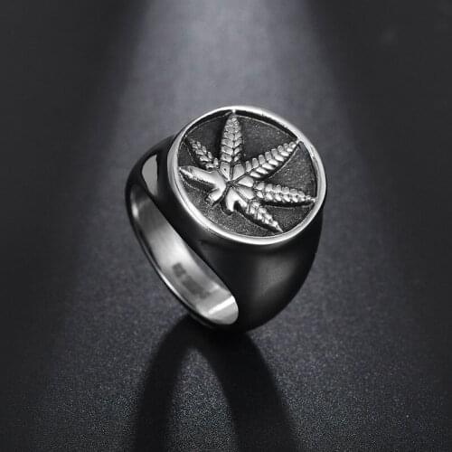 Mens Boys Equisite Stainless Steel Ice Out Weed Signet Ring Religious Maple Leaf Ring Size 8-13