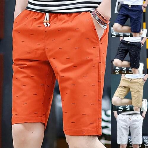 Men Casual Fishbone Print Drawstring Pockets Cotton Beach Shorts Fifth Pants
