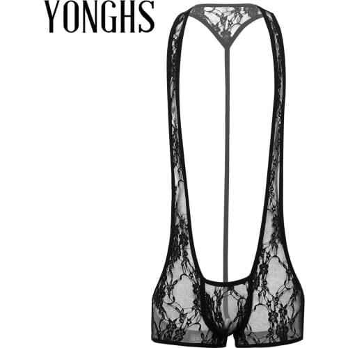 Mens Bodysuit for Sex See Through Sheer Lace Racer Back Front Bulge Pouch Open Butt Leotard Bodysuit Wrestling Singlet Underwear