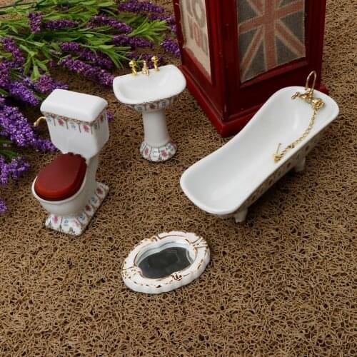 4 Pieces 1:12 Miniature Dollhouse Bathroom Supplies Set Bathtub Toilet Sink Mirror Accs #2