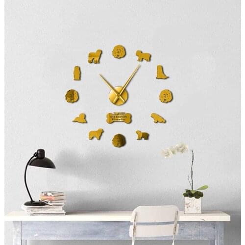 Old English Sheepdog Dog Breed Contemporary Self Adhesive 3D DIY Wall Clock Quartz Clock Acrylic Mirror Sticker Wall Decor Clock