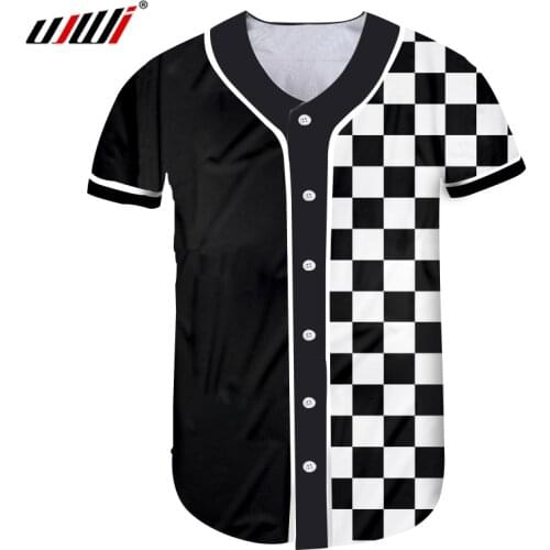 UJWI Summer Man New Button T-shirt Short 3D Printed Black and white plaid Streetwear Big Size Costume Unisex Baseball Shirt