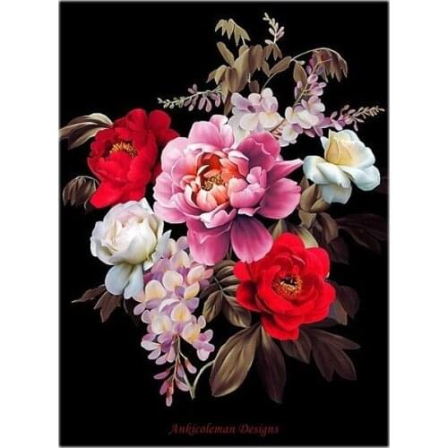Embroidery Counted Cross Stitch Kits Needlework - Crafts 14 ct DMC Color DIY Arts Handmade Decor - Black Background Flowers 1