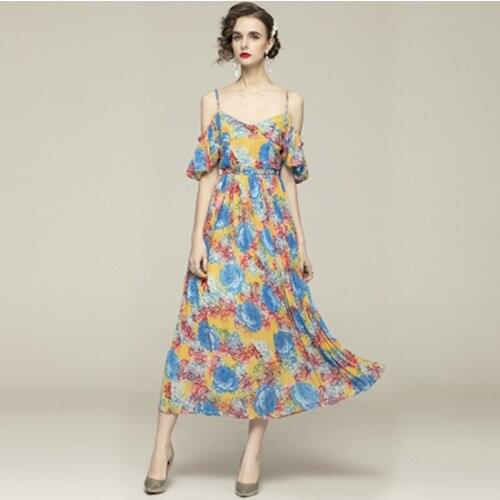 High Quality Women Summer Bohemia Chiffon Dress Designer Femme Vintage Floral Pleated Vacation Long Party Robe Dress Vestidos