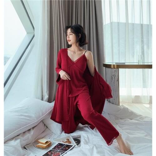 Pajama womens autumn ins Style Sexy suspender Nightgown three piece set of South Korean brand pure cotton home clothes thick