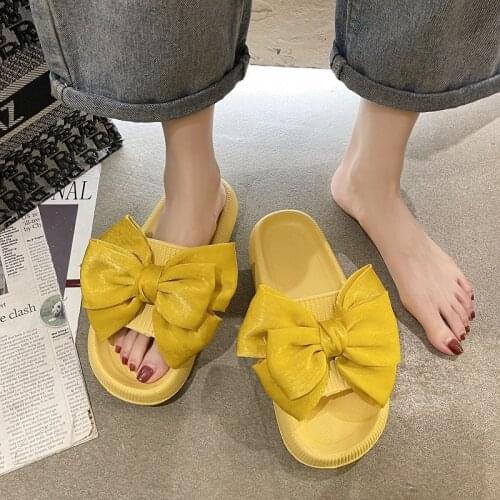 2021 Yellow Cute Bow-knot Womens Flip-flops Platform Non-slip Indoor Slippers Women Comfortable Massage Slippers Women тапочки