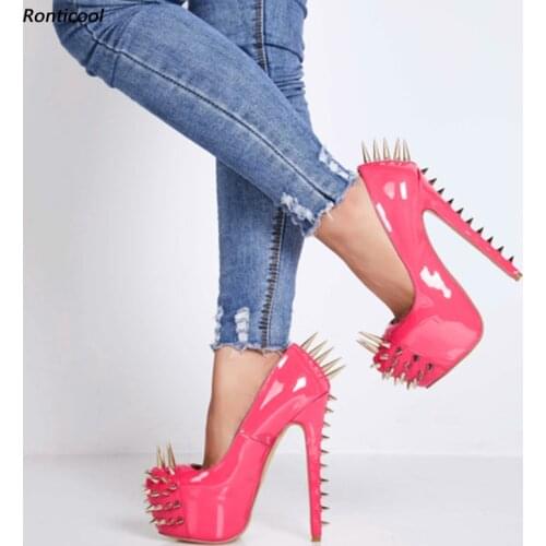 Ronticool Women Catwalk Pumps Super Sexy Rivets Stiletto Heels Round Toe Pink Fuchsia Night Club Shoes Women US Plus Size 5-13