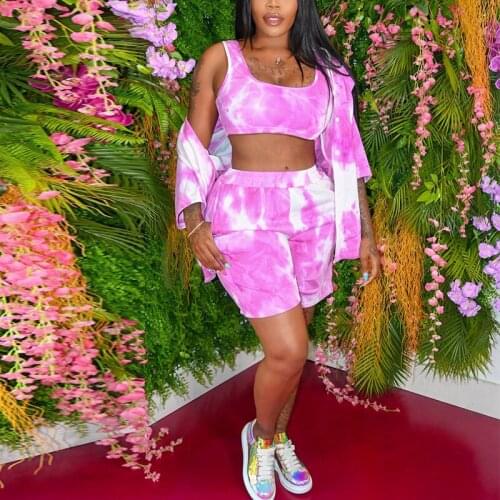 Spring Summer Women Tie Dye Printed Three piece sets Shorts Elastic Waist Wide Leg+Casual Tie Dye Printed Tops set