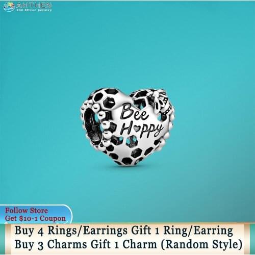 Ahthen 925 Sterling Silver Beads Bee Happy Honeycomb Heart Charms fit Original Pandora Bracelets for Women Jewelry Making Gift