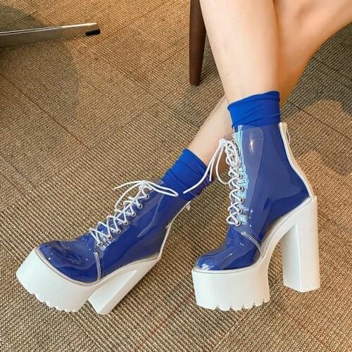White Transparent Summer Women Ankle Boots Fashion Zipper Platform Women Shoes Thick High Heel Cross Tied Autumn Lady Boots