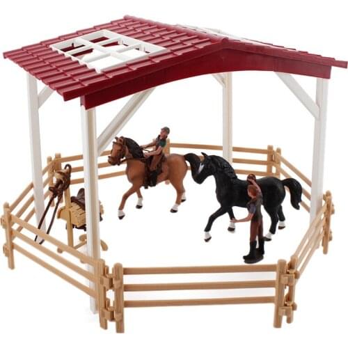 Kids Toys Steed Model Simulated Racecourse Scene Horse Shed Fence Set Animal Figures Horse Trainer DIY Desktop Ornaments