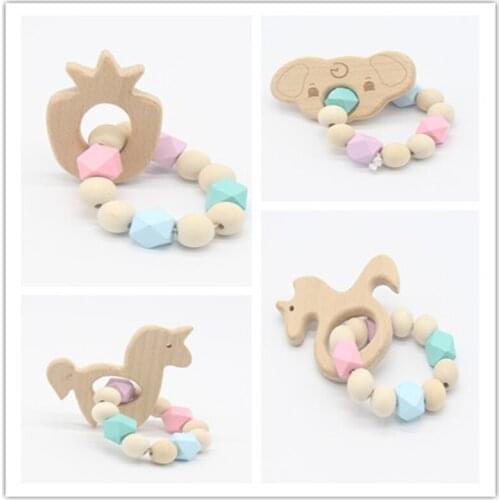 Baby Silicone Nursing Bracelets Wooden Teether Chew Bead Baby Teether Wooden Toys For Baby Rattle Animals TeetherMontessori Gift