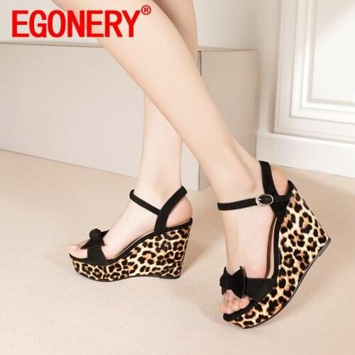 EGONERY Women Fashion Sandals summer New Style Concise Comfortable Slope Heel Round Toe Mature Bowknot decoration sweet