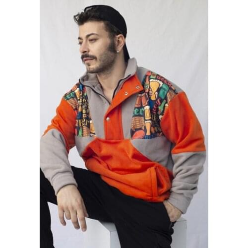 Unisex Oversize Retro Sweatshirt Vintage Multicolored Half Zipper Fleece