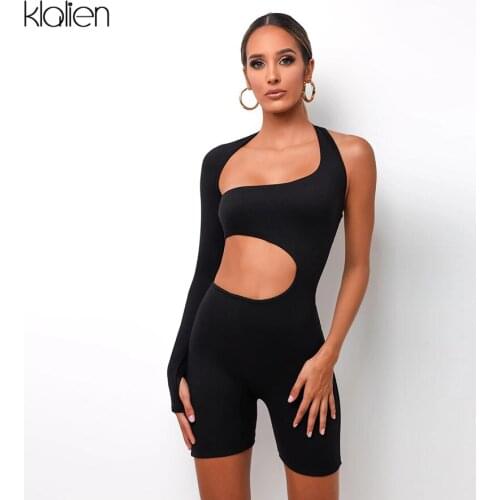 KLALIEN casual elastic solid sportswear female playsuit long sleeve sexy hollow out romper women activewear high street wear