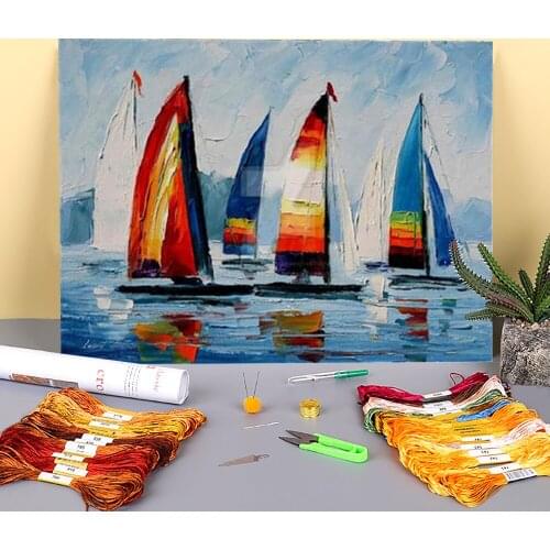 Oil Style Regatta Printed 11CT Cross-Stitch Patterns DIY Embroidery DMC Threads Handmade Needlework Hobby Promotions