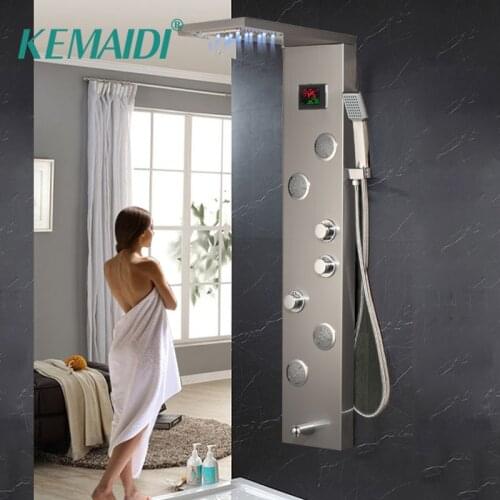 KEMAIDI Bathroom LED Shower Faucet Temperature Digital Display Shower Panel Body Massage System Jets Towel Shower Column Faucets