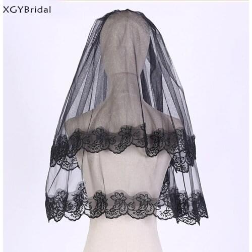 Short Black Wedding Veils Lace Edge Appliqued Bridal Veil 1 Meter Two Layer For Halloween Party Veils Wedding Accessories