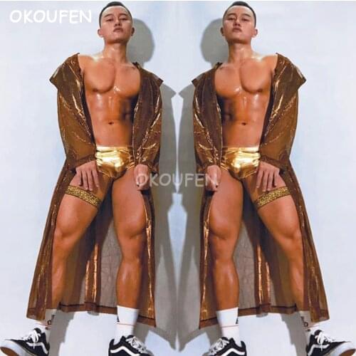 Bar nightclub ds mens performance show costume gold sequins long cloak party perspective sexy costume