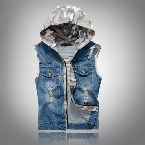Mens Summer Denim Vest Men Jean Sleeveless Jacket Mens Tops Slim With Hooded Camouflage Outerwear Jackets Vests Clothes