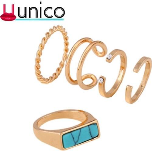 Unico Trendy Semi-precious Stone Joint Rings Set For Women Vintage Gold Color Simple Design Rings Boho Jewelry Adjustable