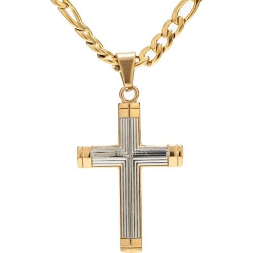 New Stainless Steel Cross Necklace for Men Boys Two Tone gold&Silver Cross Pendant with figaro Chain 24 Inches