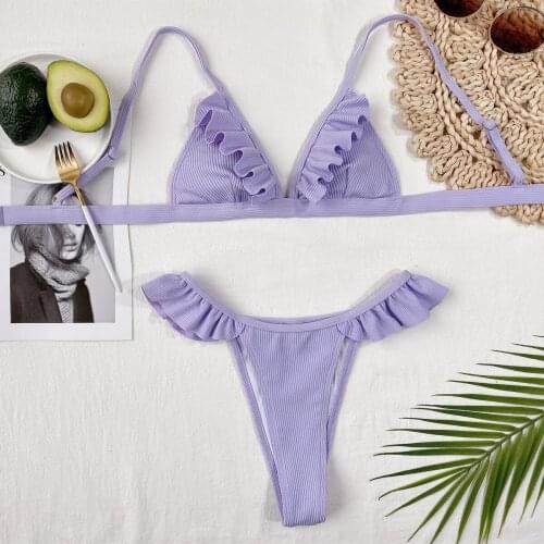 Sexy Ruffled Swimsuit High Waist Bikini Women Summer Purple Solid Push Up Two-piece Bikini Set Bather Bathing Suit Swimwear