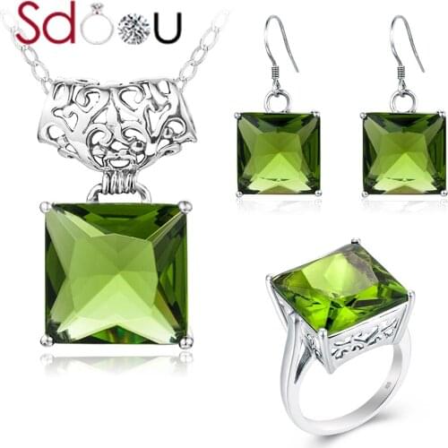 SDOOU Jewelry Sets For Women 925 Sterling Silver Pendant Drop Earrings Rings Set Green Peridot Silver 925 Jewelry Wedding Gift
