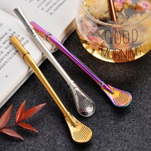 Creative 304 stainless steel gold-plated double drain spoon stir coffee spoon beverage straw tea spoon filter straw spoon