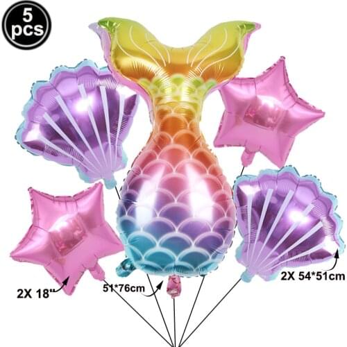 5Pcs Mermaid Tail Shell Balloon For 1th 2th 3th Kids Boy Girl Birthday Party Decoration Under The Sea Baby Shower Favors