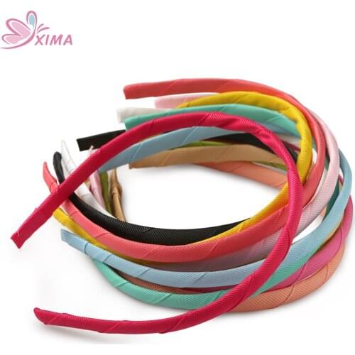 XIMA 12pcs/lot 1CM DIY Ribbon Covered Resin Hairbands for Kids Solid Satin Headband Handmade Satin Head Hoop GHB043