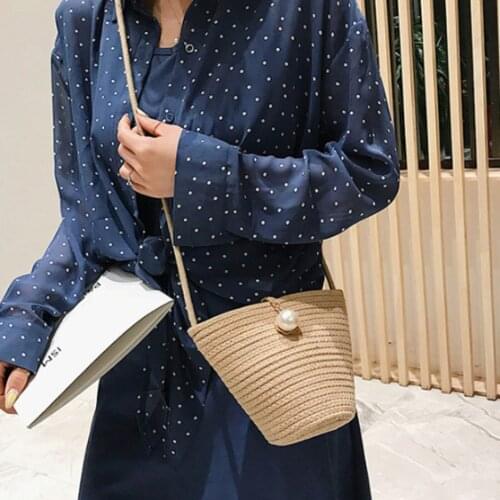 Womens Straw Shoulder Bag Beach Rattan Tote Purse Pearl Crossbody Sling Bag