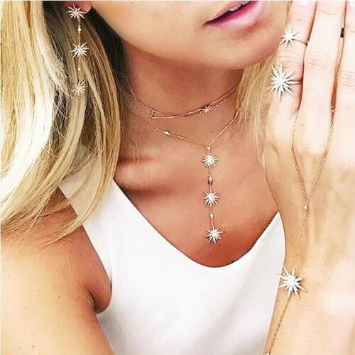 2021 High Quality Clear CZ Zircon Snowflake Long Pendant Necklace Sun Burst Star Link Chain Choker Women Fashion Sweater Jewelry