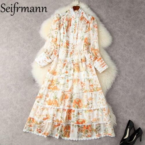 Seifrmann New 2021 Summer Women Fashion Designer Party Long Dress Lantern Sleeve Lace Sashes Vintage Print Ladies A-Line Dresses