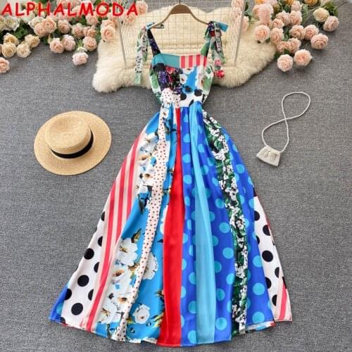 ALPHALMODA New Dress High Waist Printed Strap Binding Women Holiday Vacational Trendy Dress Mid-calf Bohomian Dress