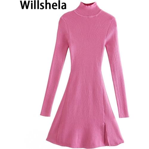 2021 New Women Knit Dress Long Sleeves High-Neck Elastic Mini Dress Fashion Elegant Chic Lady Slim Fitted Woman Dresses